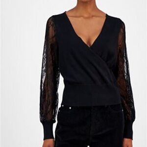 Elie Tahari | Black Laced Sleeve Faux Wrap Jersey Long Sleeve Top Large